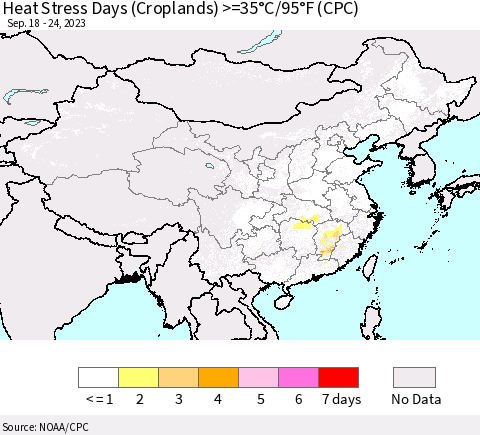 China, Mongolia and Taiwan Heat Stress Days (Croplands) >=35°C/95°F (CPC) Thematic Map For 9/18/2023 - 9/24/2023