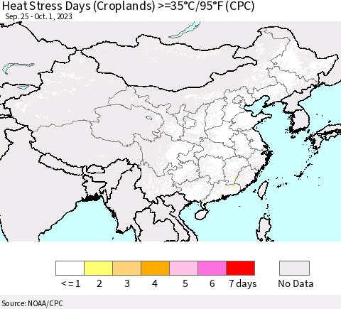 China, Mongolia and Taiwan Heat Stress Days (Croplands) >=35°C/95°F (CPC) Thematic Map For 9/25/2023 - 10/1/2023