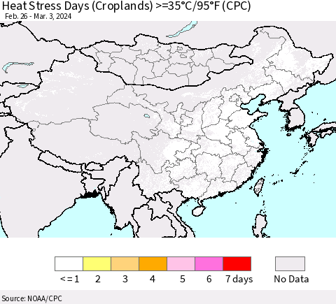 China, Mongolia and Taiwan Heat Stress Days (Croplands) >=35°C/95°F (CPC) Thematic Map For 2/26/2024 - 3/3/2024