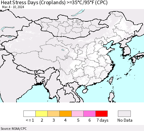 China, Mongolia and Taiwan Heat Stress Days (Croplands) >=35°C/95°F (CPC) Thematic Map For 3/4/2024 - 3/10/2024