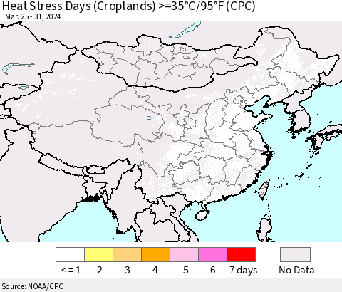 China, Mongolia and Taiwan Heat Stress Days (Croplands) >=35°C/95°F (CPC) Thematic Map For 3/25/2024 - 3/31/2024