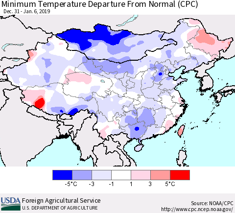 China and Taiwan Mean Minimum Temperature Departure from Normal (CPC) Thematic Map For 12/31/2018 - 1/6/2019