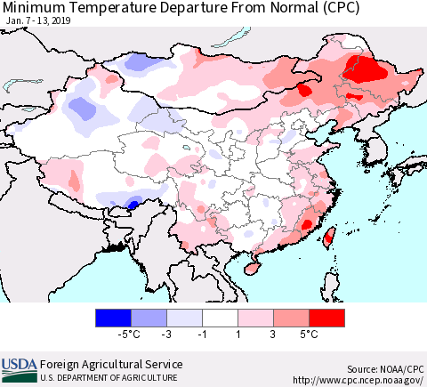 China, Mongolia and Taiwan Mean Minimum Temperature Departure from Normal (CPC) Thematic Map For 1/7/2019 - 1/13/2019