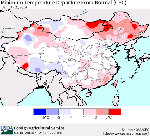 China and Taiwan Mean Minimum Temperature Departure from Normal (CPC) Thematic Map For 1/14/2019 - 1/20/2019