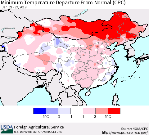 China, Mongolia and Taiwan Mean Minimum Temperature Departure from Normal (CPC) Thematic Map For 1/21/2019 - 1/27/2019
