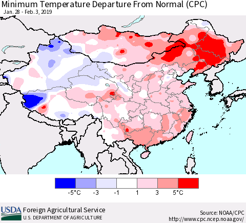 China and Taiwan Mean Minimum Temperature Departure from Normal (CPC) Thematic Map For 1/28/2019 - 2/3/2019