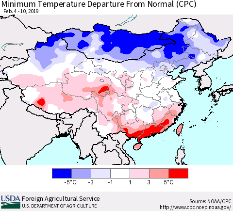 China and Taiwan Mean Minimum Temperature Departure from Normal (CPC) Thematic Map For 2/4/2019 - 2/10/2019