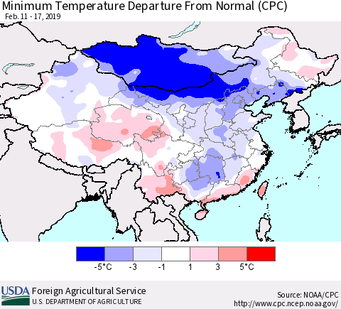 China and Taiwan Mean Minimum Temperature Departure from Normal (CPC) Thematic Map For 2/11/2019 - 2/17/2019
