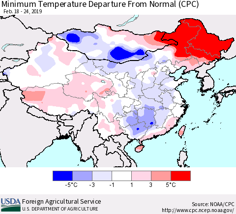 China and Taiwan Mean Minimum Temperature Departure from Normal (CPC) Thematic Map For 2/18/2019 - 2/24/2019