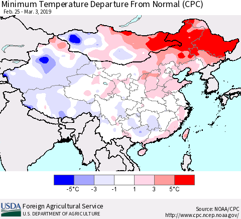 China and Taiwan Mean Minimum Temperature Departure from Normal (CPC) Thematic Map For 2/25/2019 - 3/3/2019