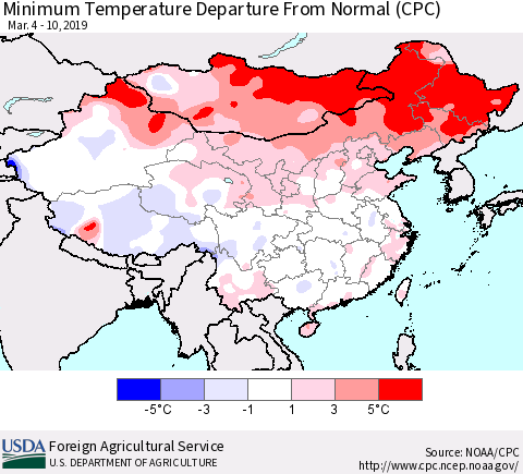 China and Taiwan Minimum Temperature Departure From Normal (CPC) Thematic Map For 3/4/2019 - 3/10/2019