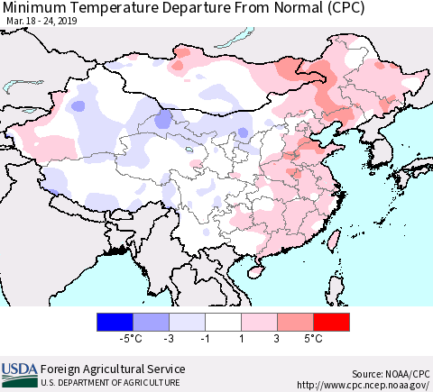 China and Taiwan Mean Minimum Temperature Departure from Normal (CPC) Thematic Map For 3/18/2019 - 3/24/2019