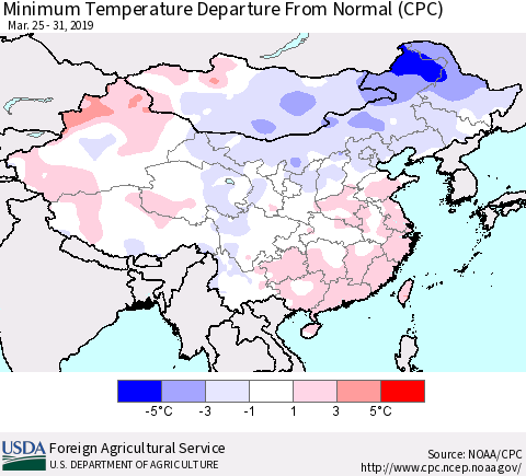 China, Mongolia and Taiwan Mean Minimum Temperature Departure from Normal (CPC) Thematic Map For 3/25/2019 - 3/31/2019