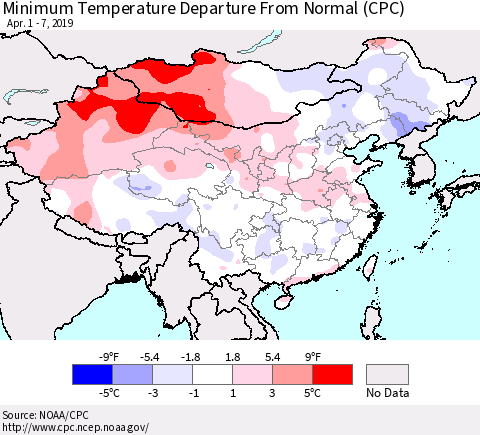 China and Taiwan Mean Minimum Temperature Departure from Normal (CPC) Thematic Map For 4/1/2019 - 4/7/2019