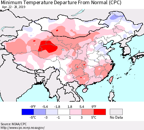 China and Taiwan Minimum Temperature Departure From Normal (CPC) Thematic Map For 4/22/2019 - 4/28/2019