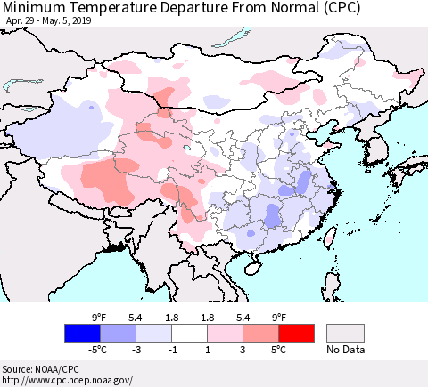 China and Taiwan Mean Minimum Temperature Departure from Normal (CPC) Thematic Map For 4/29/2019 - 5/5/2019