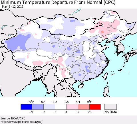 China and Taiwan Mean Minimum Temperature Departure from Normal (CPC) Thematic Map For 5/6/2019 - 5/12/2019