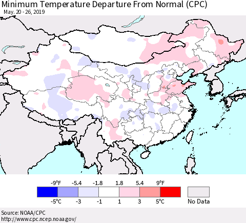China and Taiwan Minimum Temperature Departure From Normal (CPC) Thematic Map For 5/20/2019 - 5/26/2019