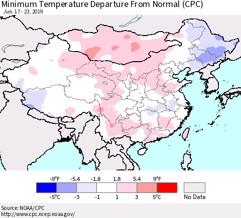 China, Mongolia and Taiwan Mean Minimum Temperature Departure from Normal (CPC) Thematic Map For 6/17/2019 - 6/23/2019