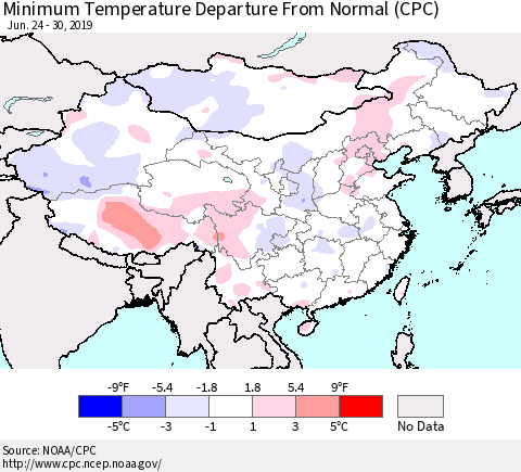 China and Taiwan Minimum Temperature Departure From Normal (CPC) Thematic Map For 6/24/2019 - 6/30/2019