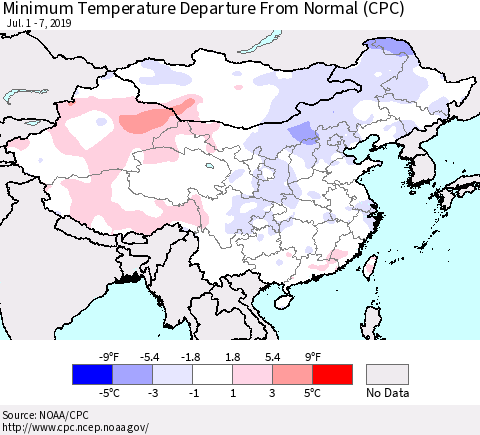 China, Mongolia and Taiwan Mean Minimum Temperature Departure from Normal (CPC) Thematic Map For 7/1/2019 - 7/7/2019