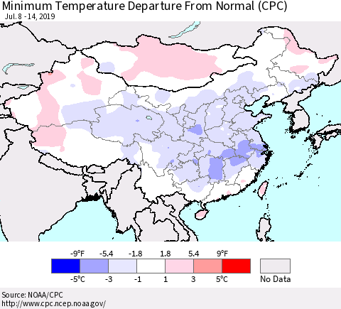 China, Mongolia and Taiwan Mean Minimum Temperature Departure from Normal (CPC) Thematic Map For 7/8/2019 - 7/14/2019