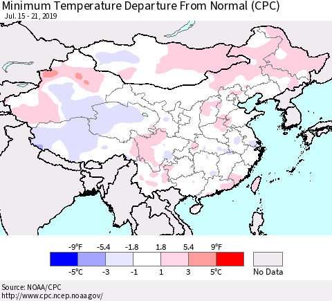China and Taiwan Minimum Temperature Departure From Normal (CPC) Thematic Map For 7/15/2019 - 7/21/2019