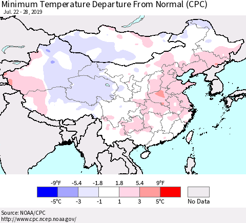 China and Taiwan Minimum Temperature Departure From Normal (CPC) Thematic Map For 7/22/2019 - 7/28/2019