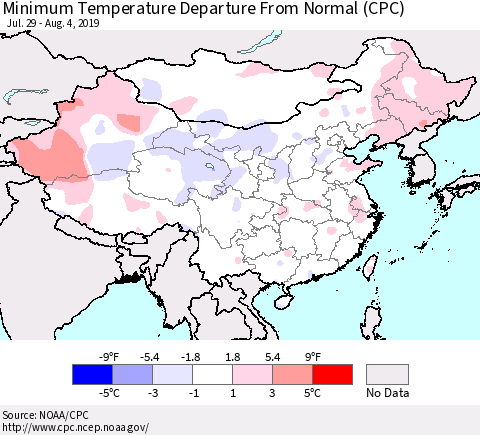 China and Taiwan Minimum Temperature Departure From Normal (CPC) Thematic Map For 7/29/2019 - 8/4/2019