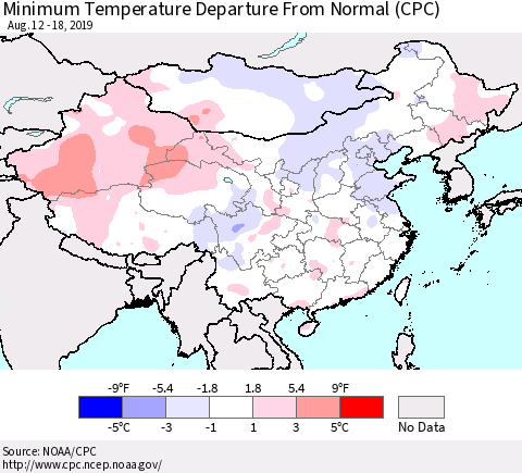China and Taiwan Minimum Temperature Departure From Normal (CPC) Thematic Map For 8/12/2019 - 8/18/2019