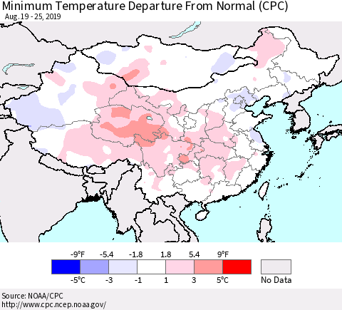 China and Taiwan Minimum Temperature Departure From Normal (CPC) Thematic Map For 8/19/2019 - 8/25/2019
