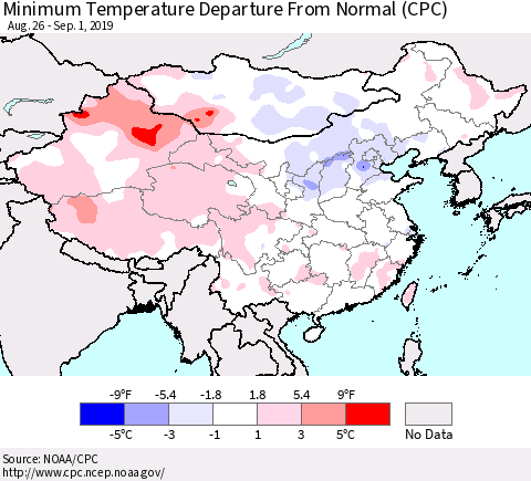 China and Taiwan Minimum Temperature Departure From Normal (CPC) Thematic Map For 8/26/2019 - 9/1/2019