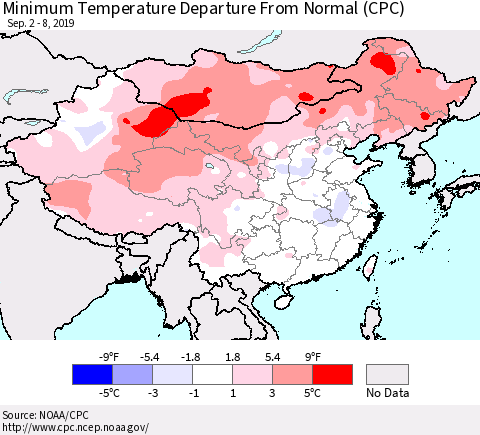 China, Mongolia and Taiwan Mean Minimum Temperature Departure from Normal (CPC) Thematic Map For 9/2/2019 - 9/8/2019