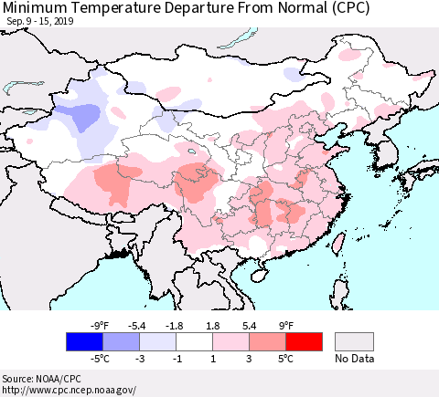 China and Taiwan Minimum Temperature Departure From Normal (CPC) Thematic Map For 9/9/2019 - 9/15/2019