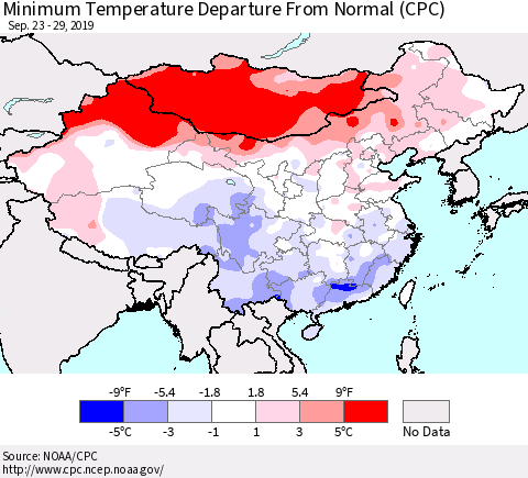China and Taiwan Minimum Temperature Departure From Normal (CPC) Thematic Map For 9/23/2019 - 9/29/2019
