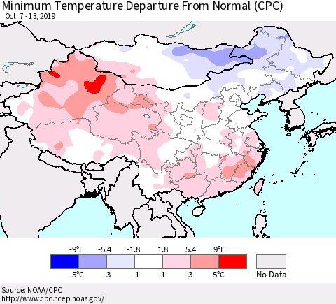 China and Taiwan Minimum Temperature Departure From Normal (CPC) Thematic Map For 10/7/2019 - 10/13/2019