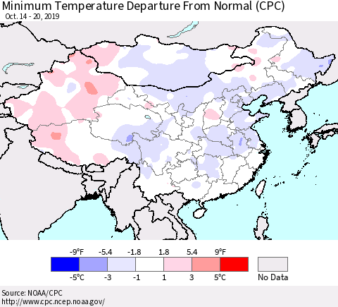 China, Mongolia and Taiwan Mean Minimum Temperature Departure from Normal (CPC) Thematic Map For 10/14/2019 - 10/20/2019
