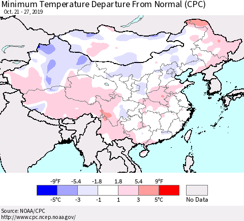 China and Taiwan Minimum Temperature Departure From Normal (CPC) Thematic Map For 10/21/2019 - 10/27/2019