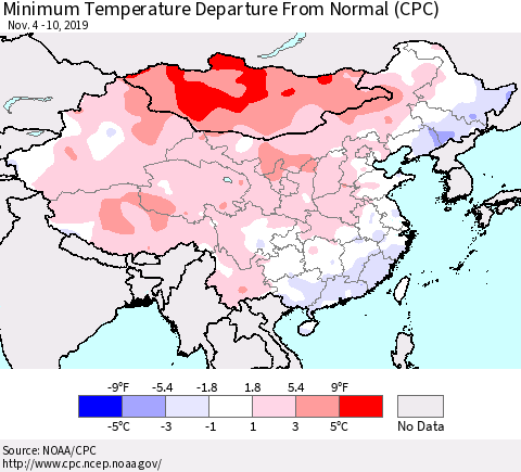 China, Mongolia and Taiwan Mean Minimum Temperature Departure from Normal (CPC) Thematic Map For 11/4/2019 - 11/10/2019
