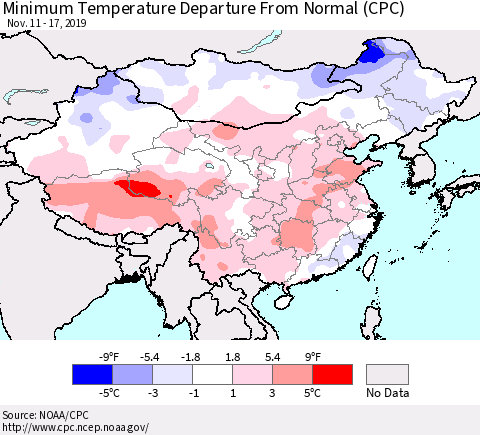 China, Mongolia and Taiwan Mean Minimum Temperature Departure from Normal (CPC) Thematic Map For 11/11/2019 - 11/17/2019