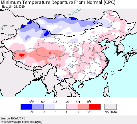 China, Mongolia and Taiwan Mean Minimum Temperature Departure from Normal (CPC) Thematic Map For 11/18/2019 - 11/24/2019