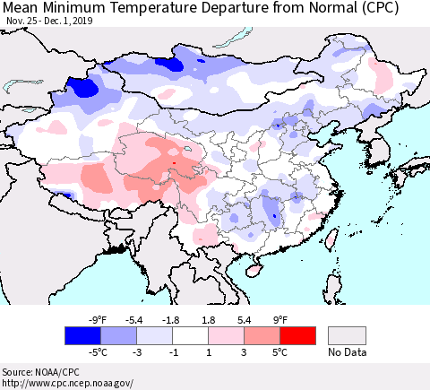 China, Mongolia and Taiwan Mean Minimum Temperature Departure from Normal (CPC) Thematic Map For 11/25/2019 - 12/1/2019