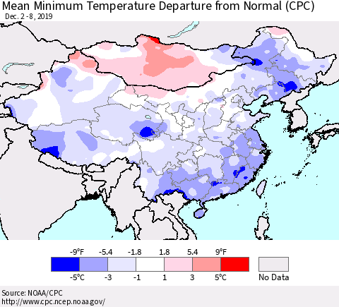 China, Mongolia and Taiwan Mean Minimum Temperature Departure from Normal (CPC) Thematic Map For 12/2/2019 - 12/8/2019