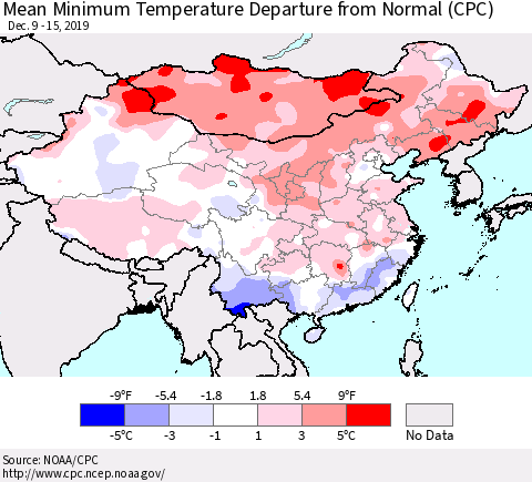 China, Mongolia and Taiwan Mean Minimum Temperature Departure from Normal (CPC) Thematic Map For 12/9/2019 - 12/15/2019