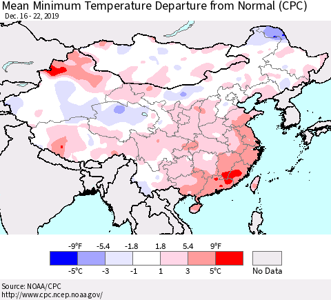 China, Mongolia and Taiwan Mean Minimum Temperature Departure from Normal (CPC) Thematic Map For 12/16/2019 - 12/22/2019