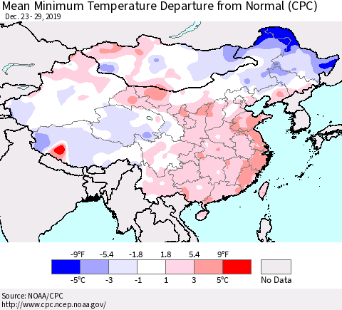 China, Mongolia and Taiwan Mean Minimum Temperature Departure from Normal (CPC) Thematic Map For 12/23/2019 - 12/29/2019
