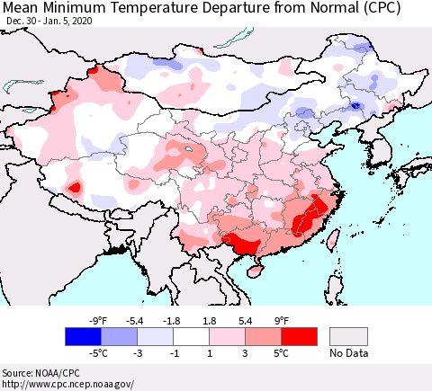 China, Mongolia and Taiwan Mean Minimum Temperature Departure from Normal (CPC) Thematic Map For 12/30/2019 - 1/5/2020