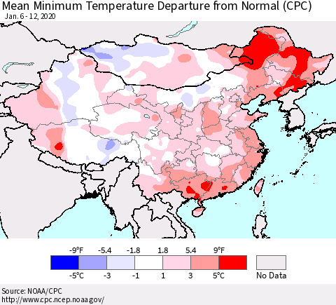 China, Mongolia and Taiwan Mean Minimum Temperature Departure from Normal (CPC) Thematic Map For 1/6/2020 - 1/12/2020