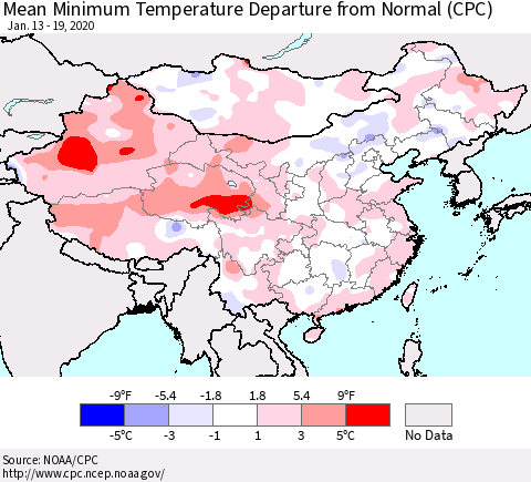 China, Mongolia and Taiwan Mean Minimum Temperature Departure from Normal (CPC) Thematic Map For 1/13/2020 - 1/19/2020