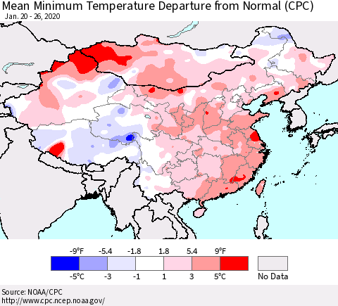 China, Mongolia and Taiwan Mean Minimum Temperature Departure from Normal (CPC) Thematic Map For 1/20/2020 - 1/26/2020